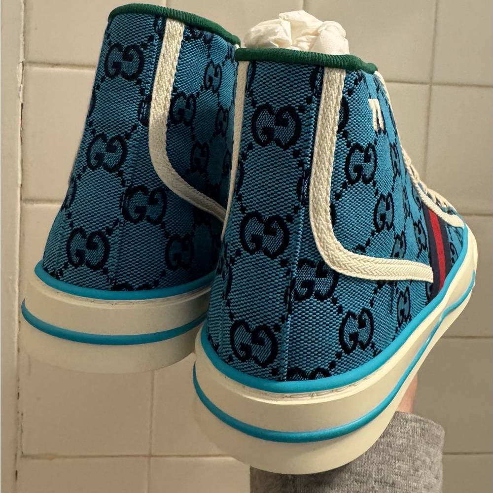 Gucci Teal/Blue Canvas Patterned High-Top Sneakers - Picture 9 of 16